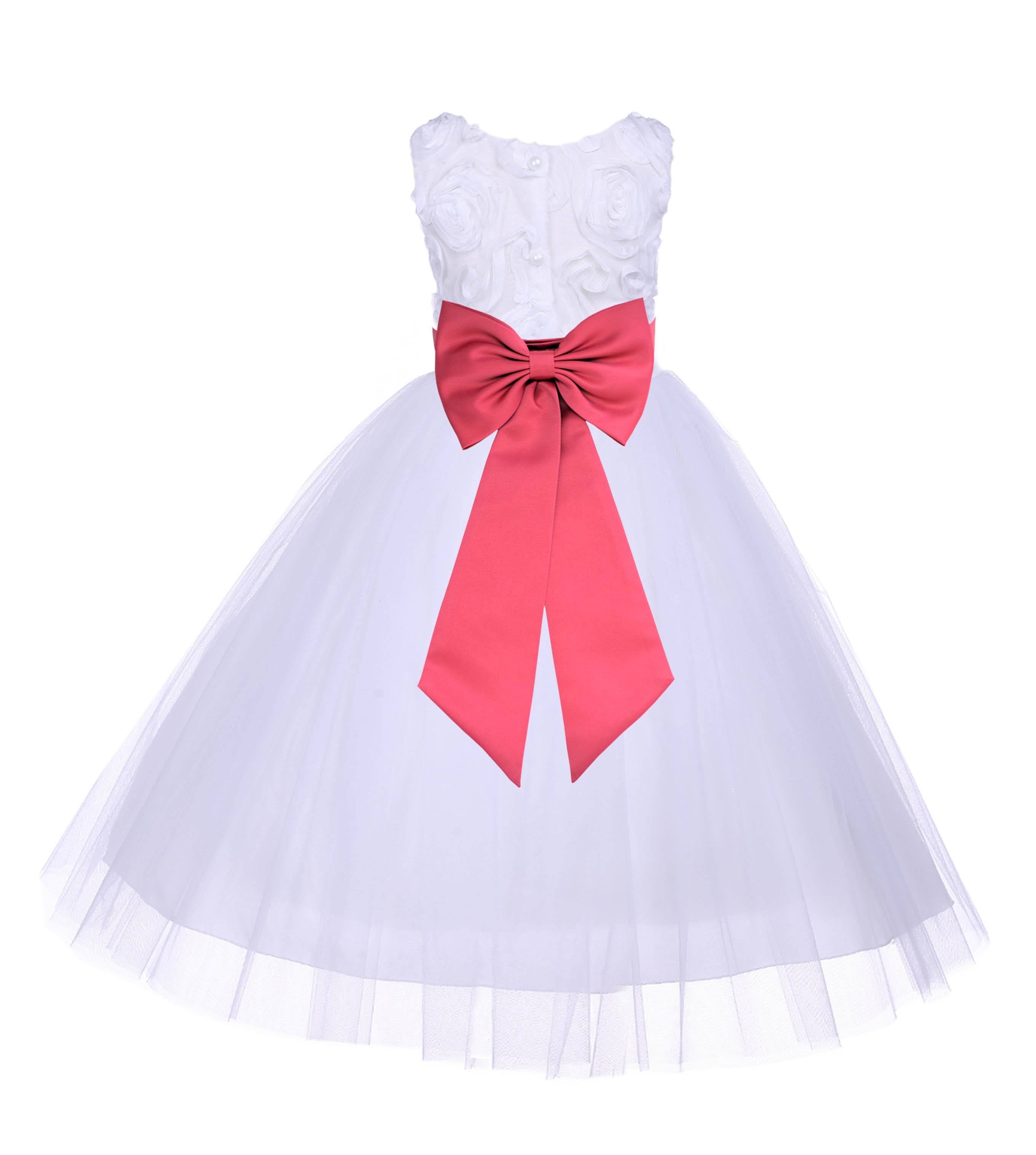 White/Watermelon Tulle 3D Floral Rose Flower Girl Dress Pageant 152T