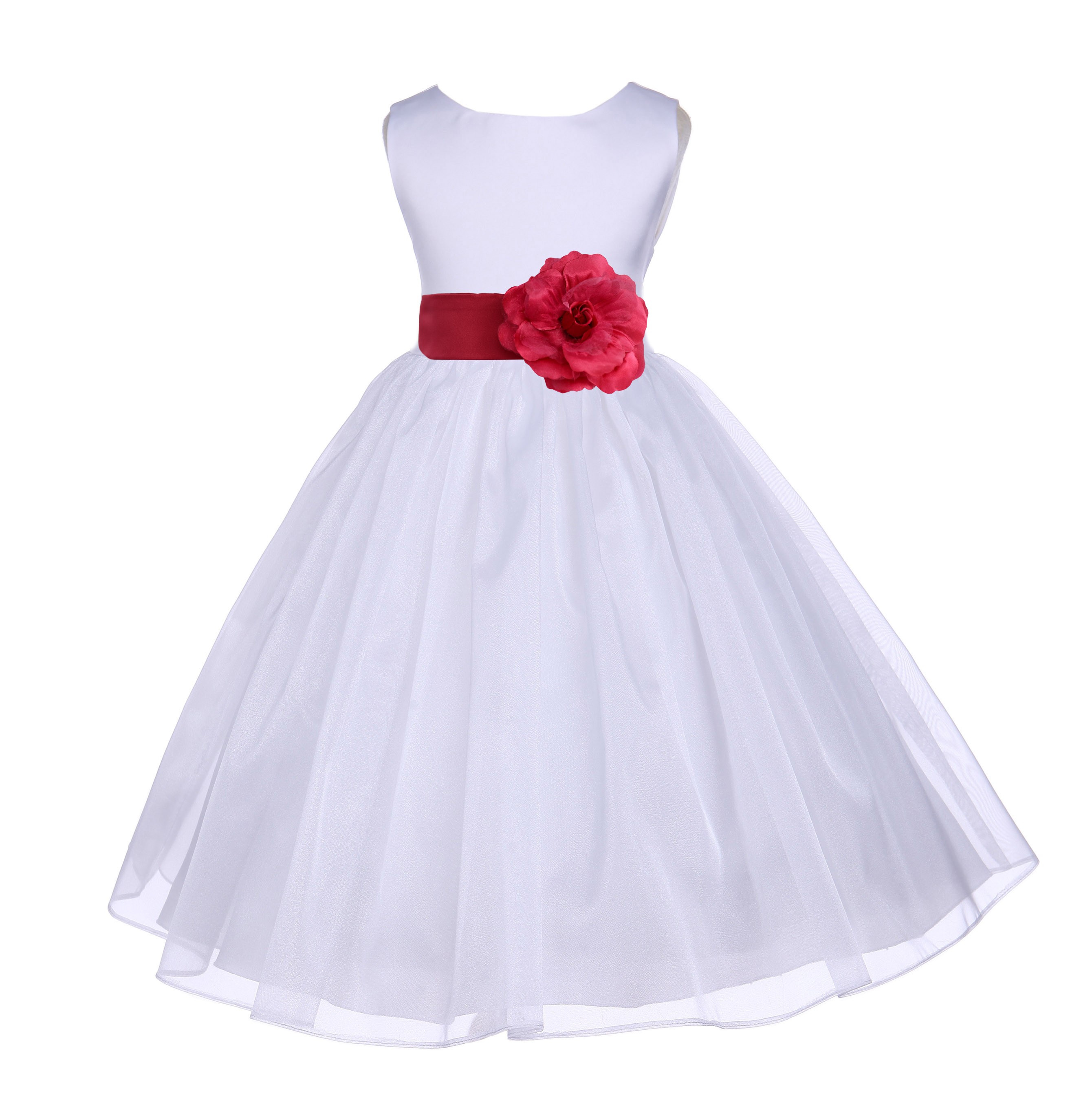 White/Watermelon Satin Bodice Organza Skirt Flower Girl Dress 841T