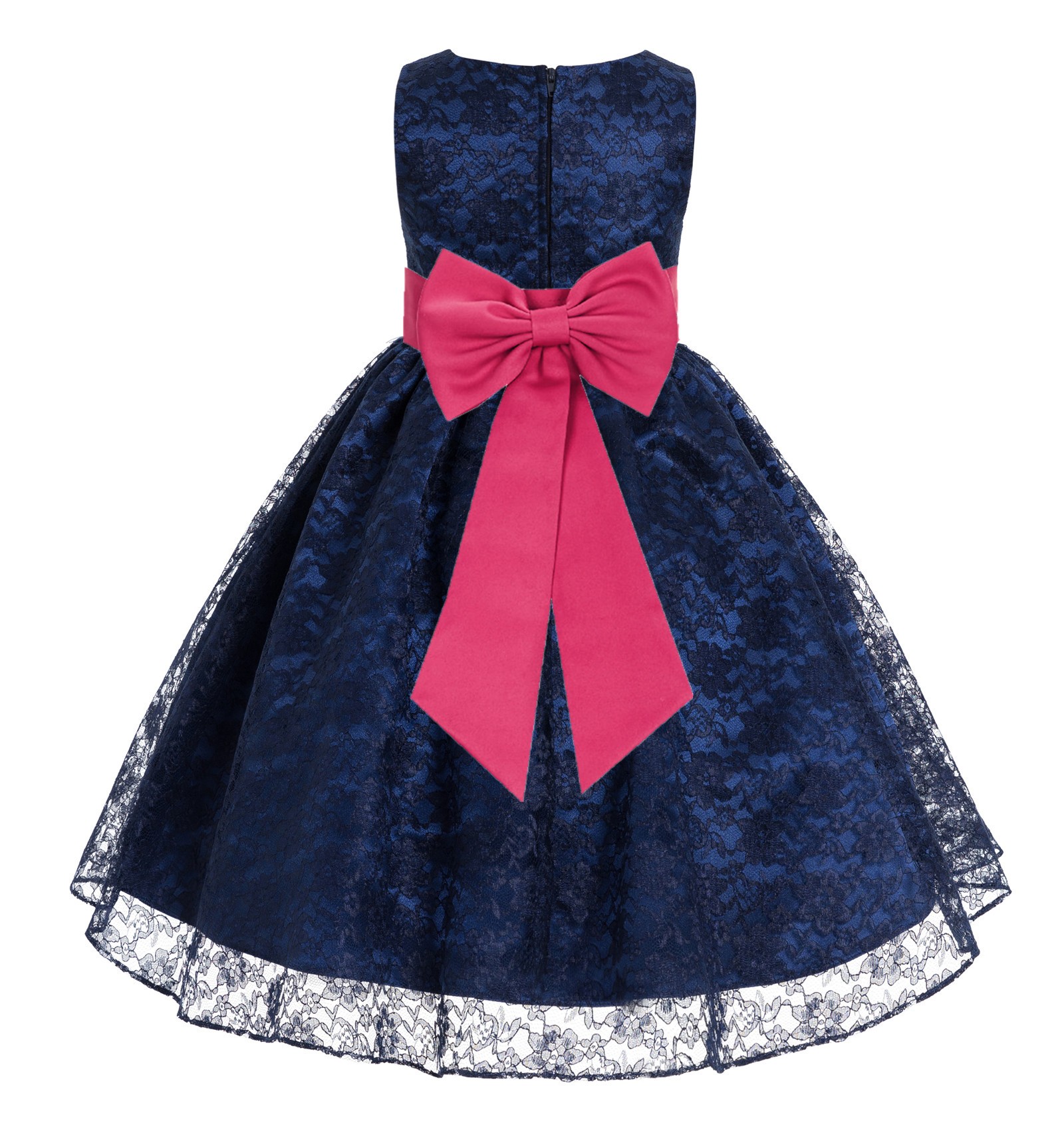 Navy Blue / Watermelon Floral Lace Overlay Flower Girl Dress Elegant Beauty 163T