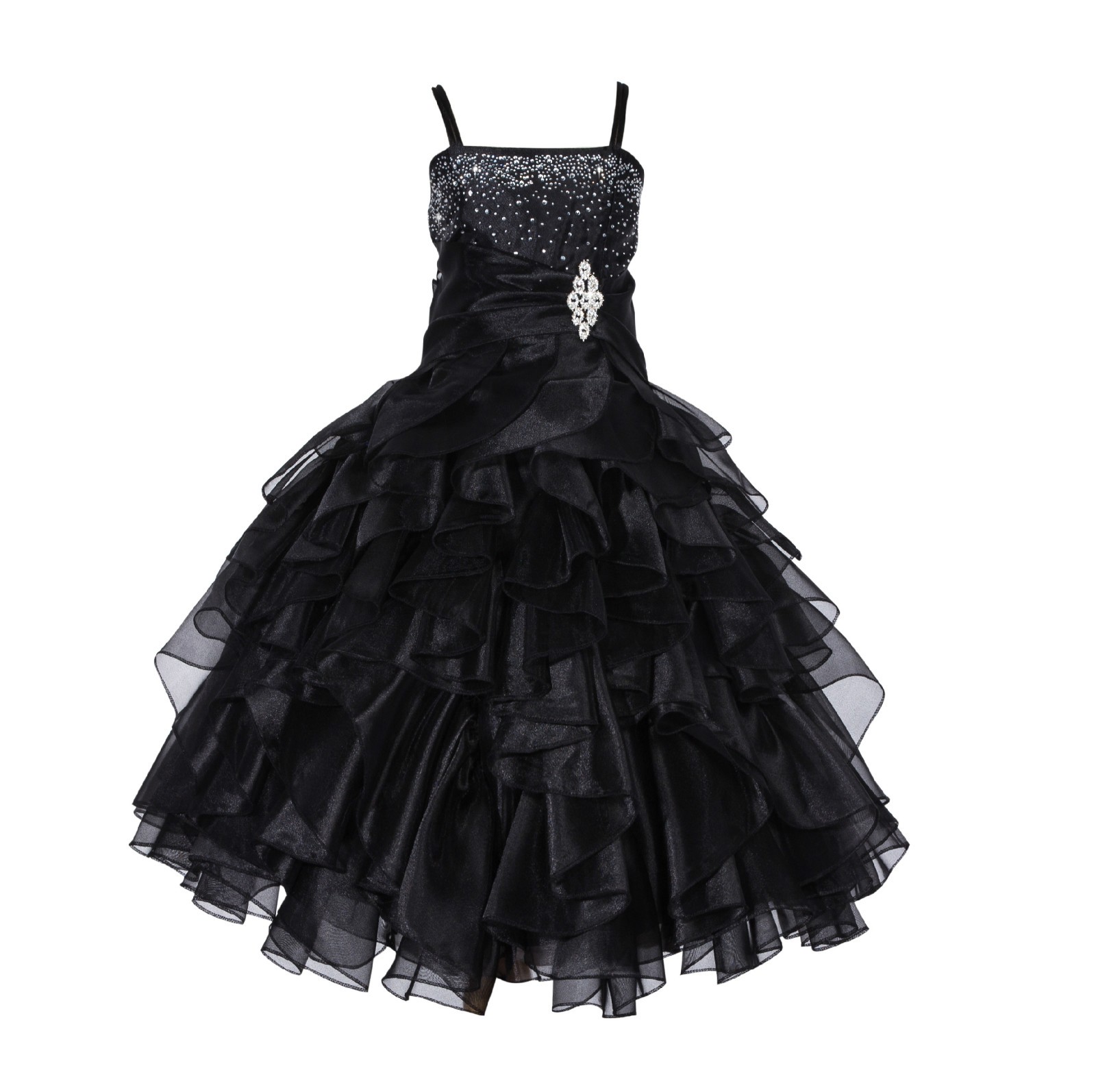 Black Rhinestone Organza Layers Flower Girl Dress Elegant Stunning 164S