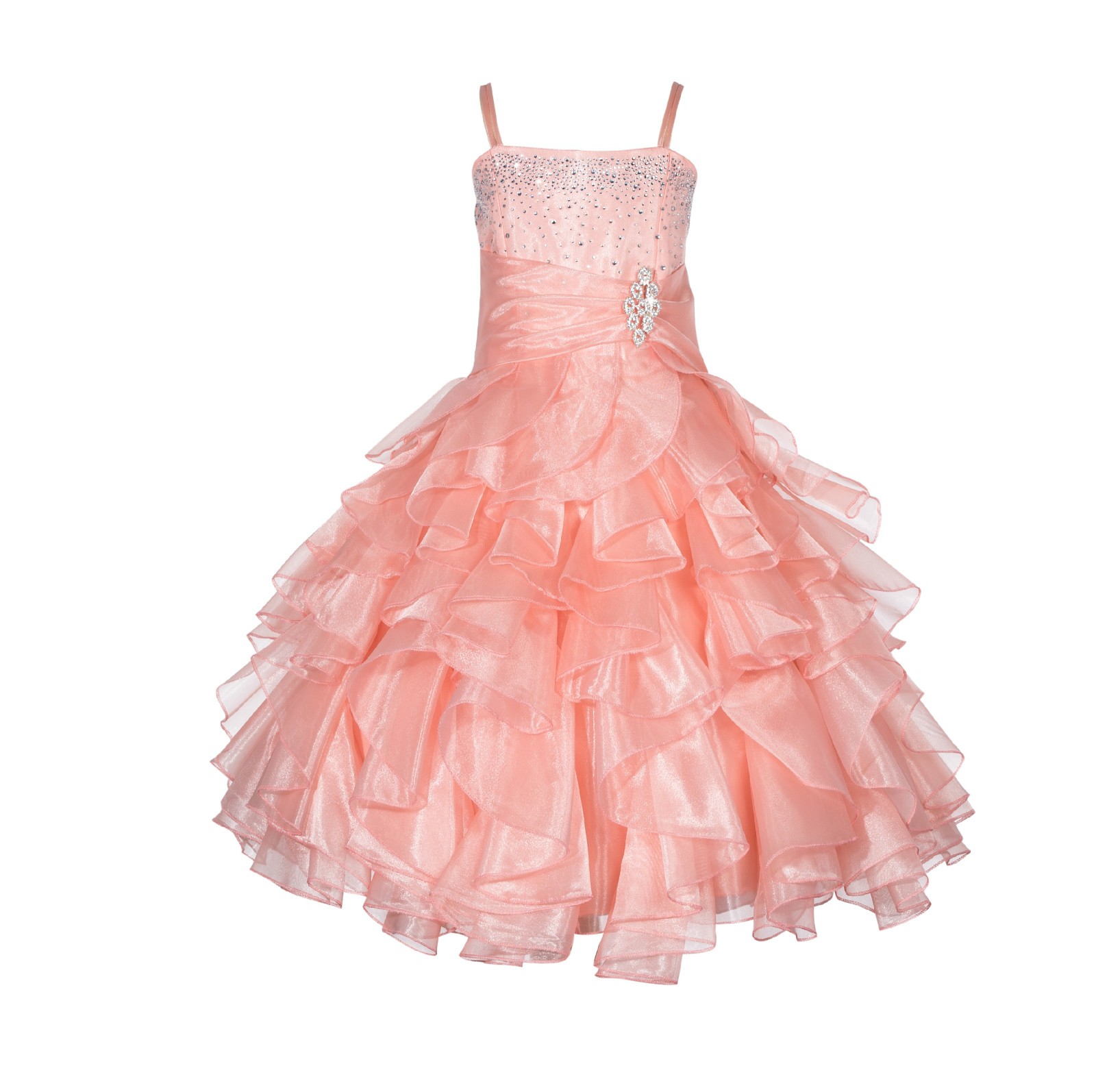 Peach Rhinestone Organza Layers Flower Girl Dress Elegant Stunning 164S