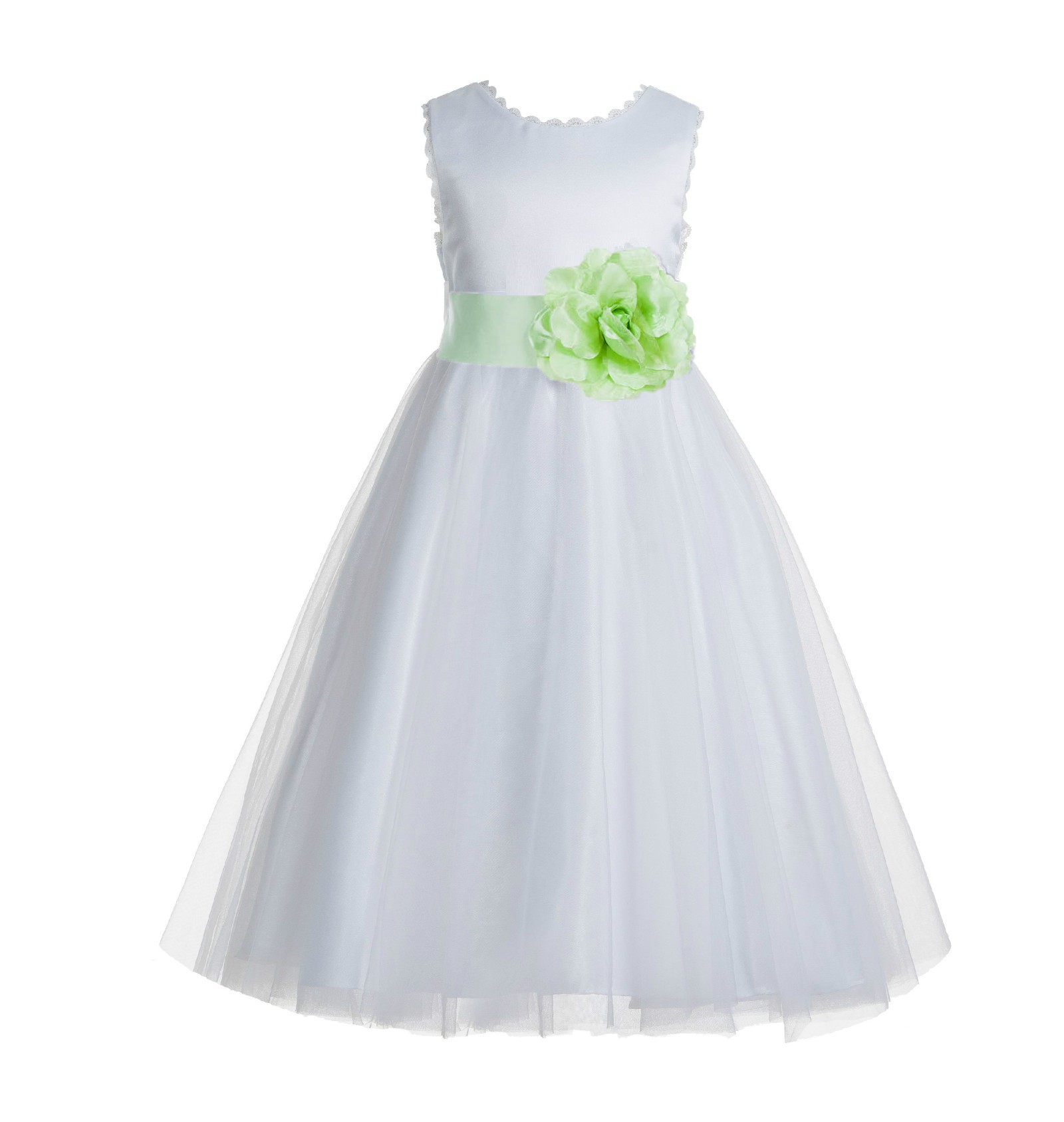 White / Apple Green V-Back Lace Edge Flower Girl Dress 183T