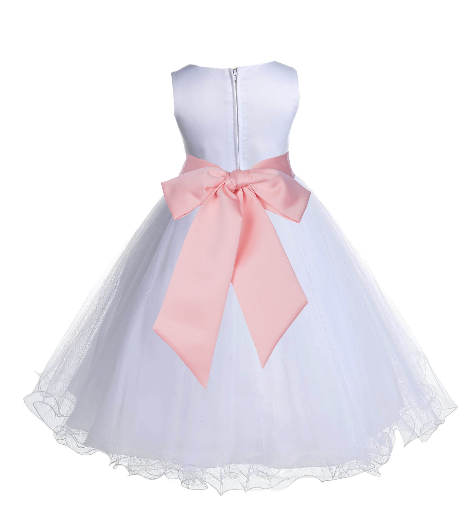 White/Peach Tulle Rattail Edge Flower Girl Dress Wedding Bridal 829S