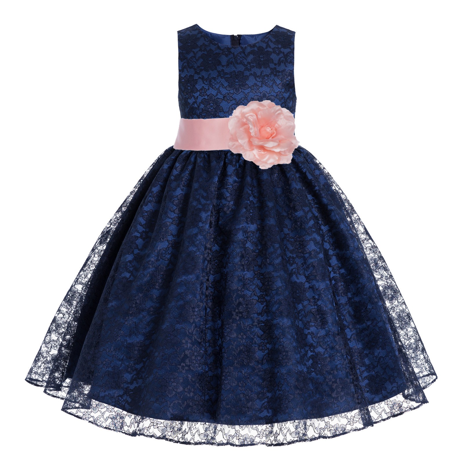 Navy / Peach Floral Lace Overlay Flower Girl Dress Lace Dresses 163s