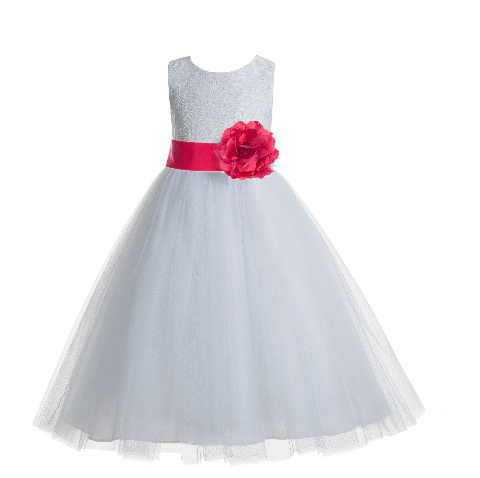 White / Cherry  Floral Lace Heart Cutout Flower Girl Dress with Flower 172T