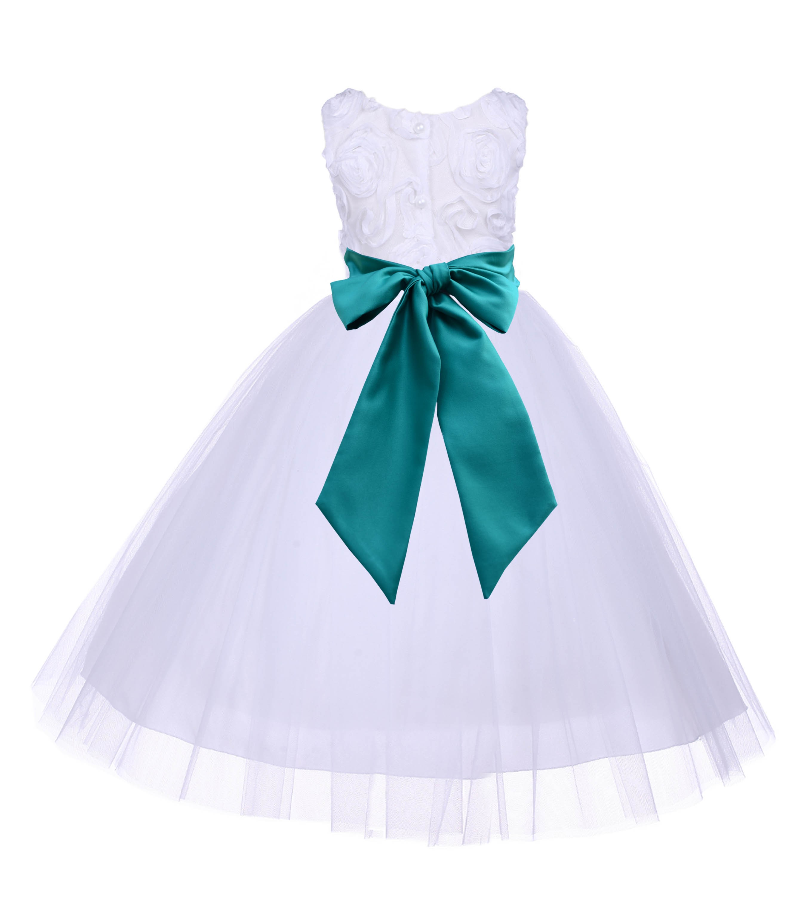 White/Jade Tulle 3D Floral Rose Flower Girl Dress Wedding 152S