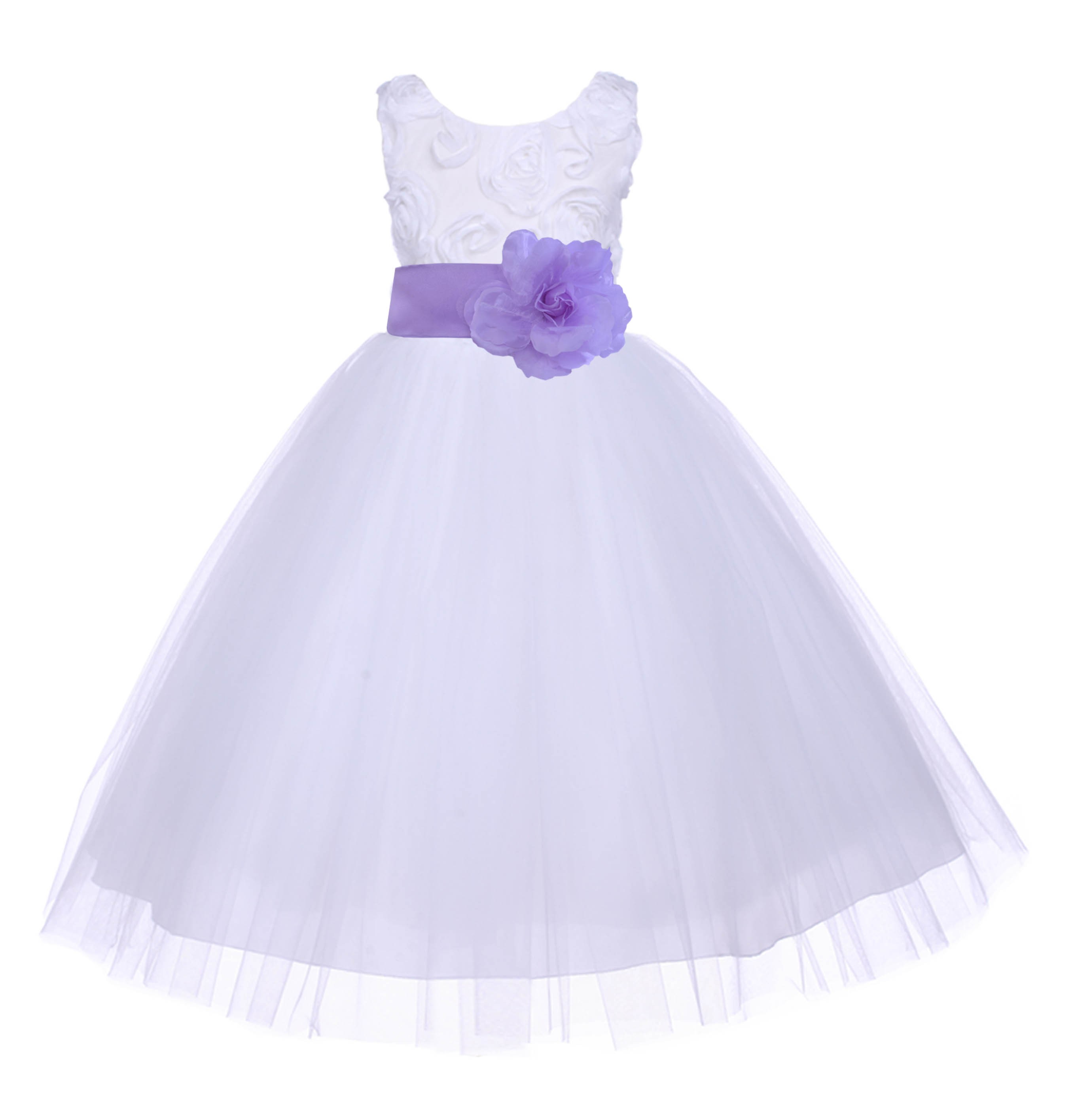 White/Lilac Tulle 3D Floral Rose Flower Girl Dress Wedding 152S