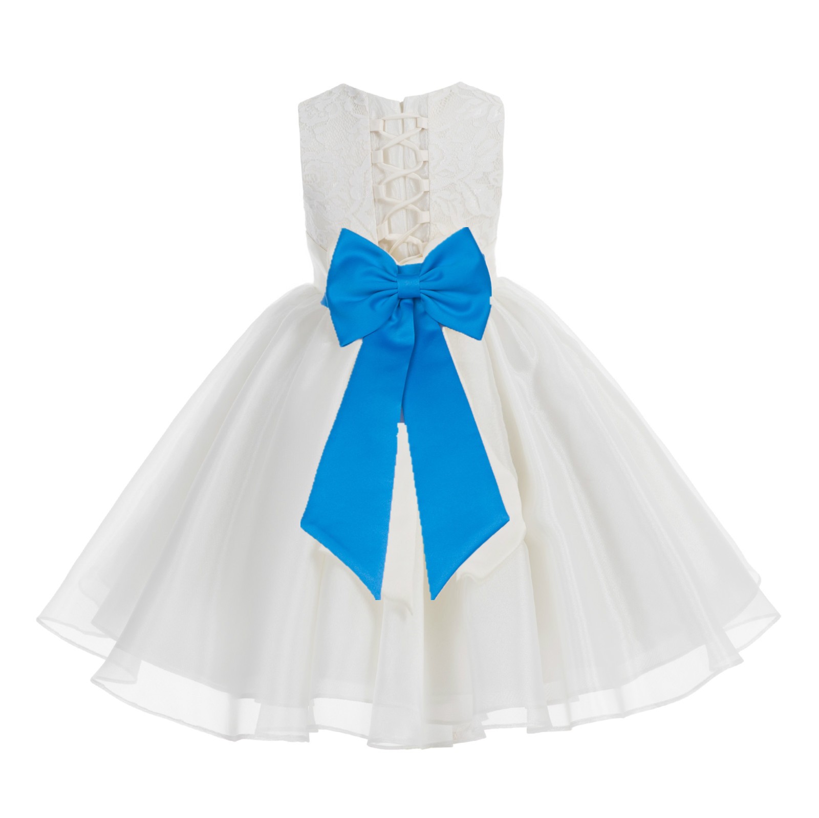 Ivory / Malibu Blue Lace Organza Flower Girl Dress 186T