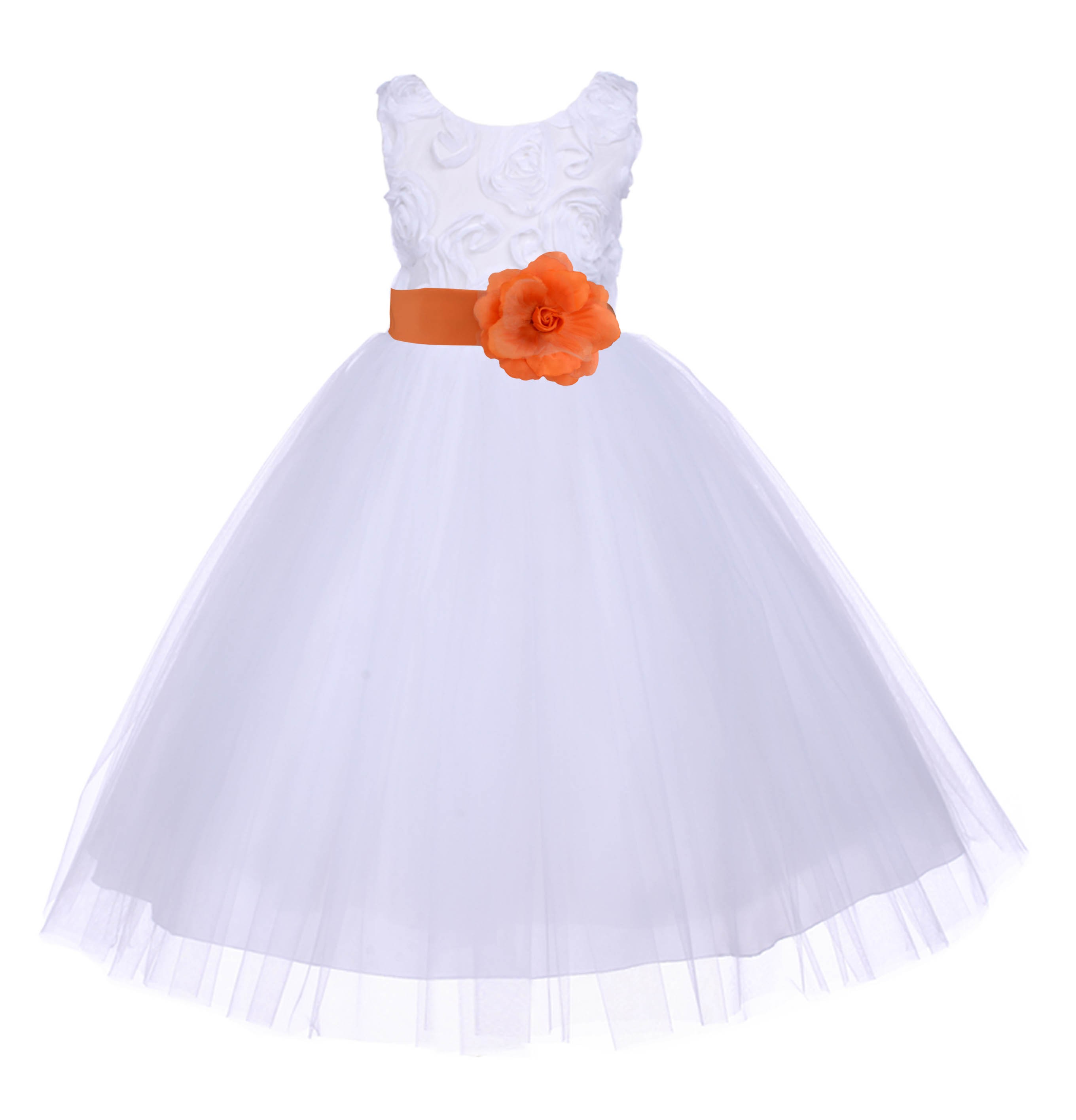 White/Orange Tulle 3D Floral Rose Flower Girl Dress Wedding 152S