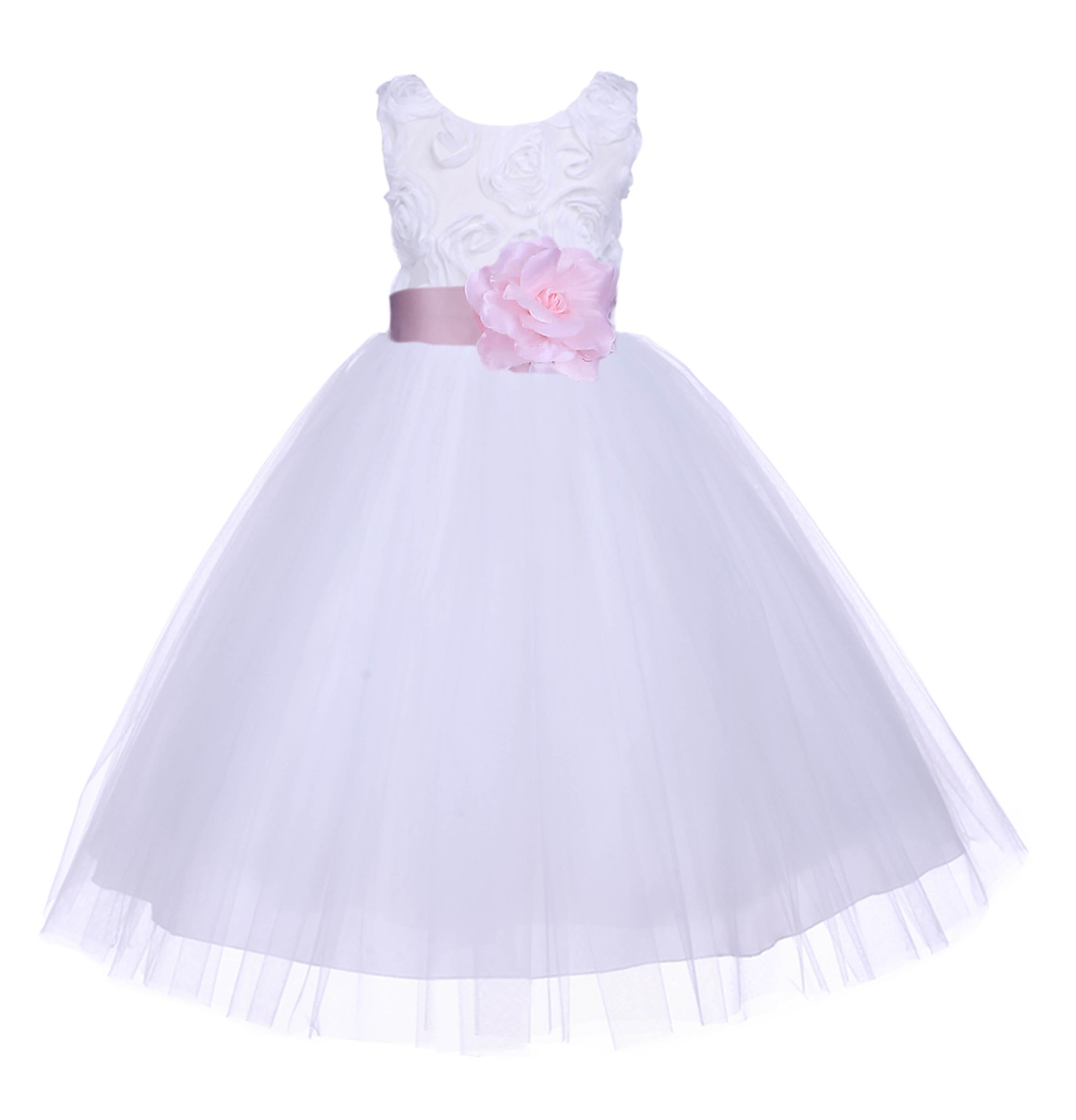 White/Pink Tulle 3D Floral Rose Flower Girl Dress Wedding 152S