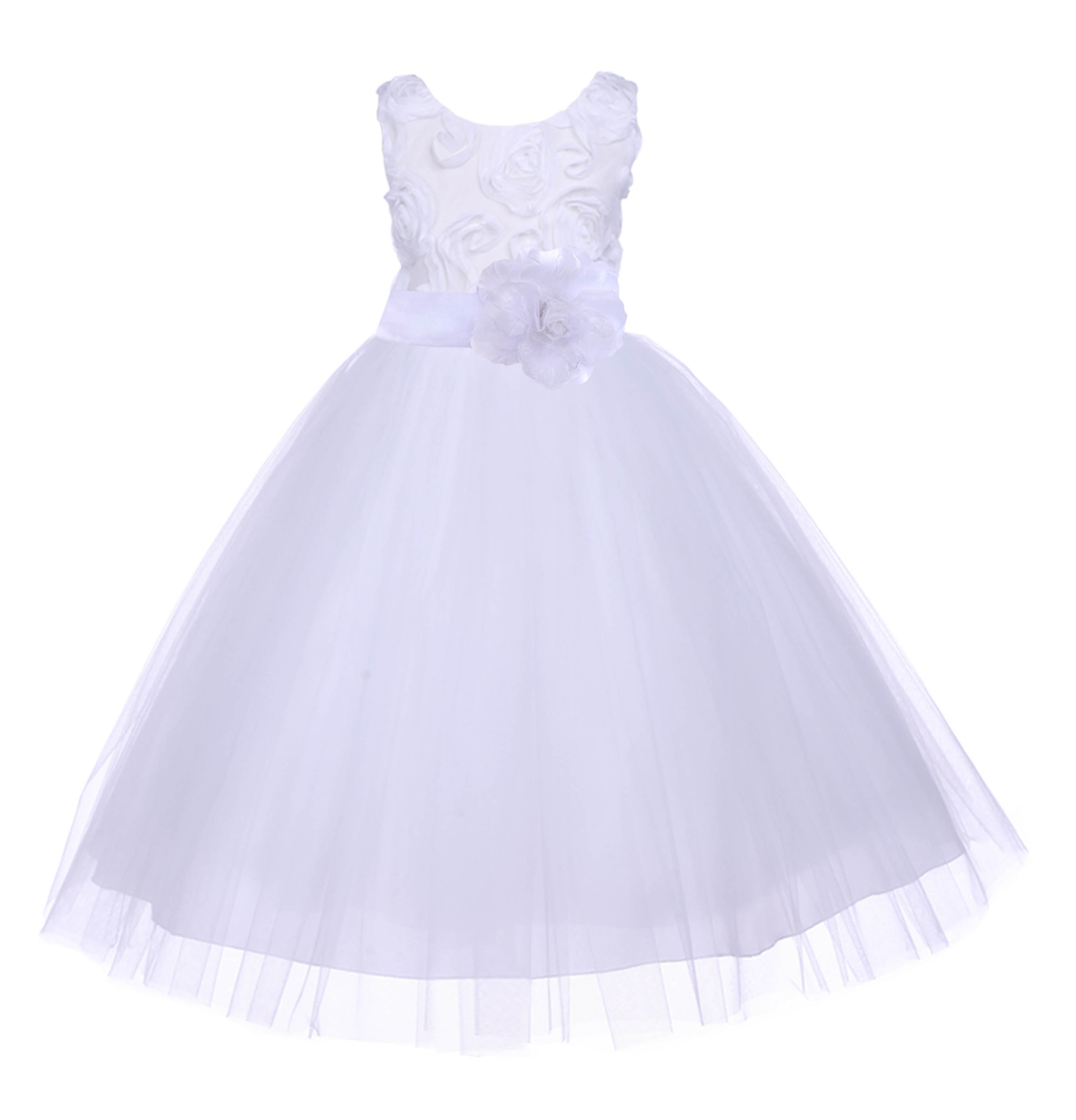 White/White Tulle 3D Floral Rose Flower Girl Dress Wedding 152S