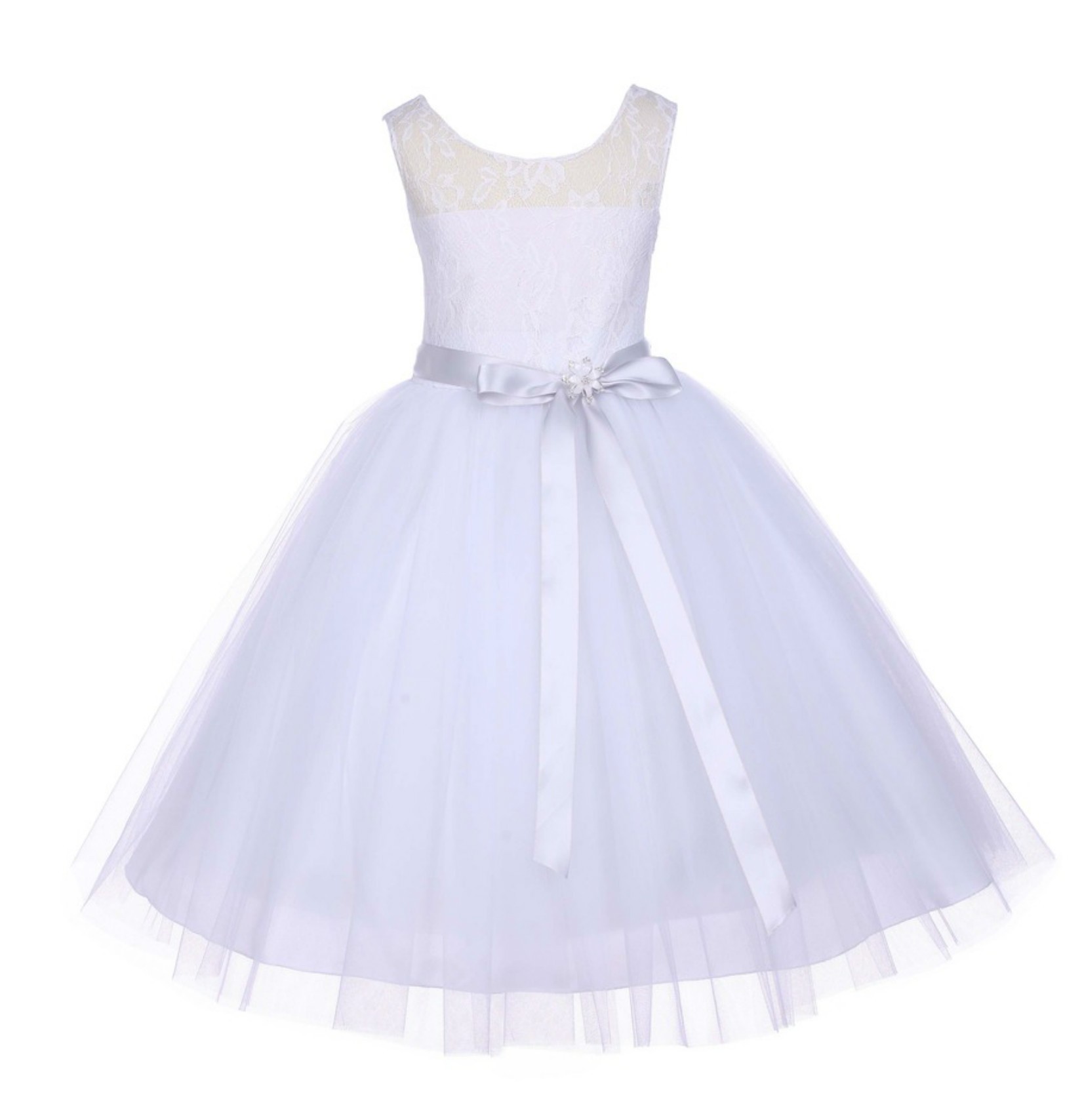 White Floral Lace Bodice Tulle White Ribbon Flower Girl Dress 153R