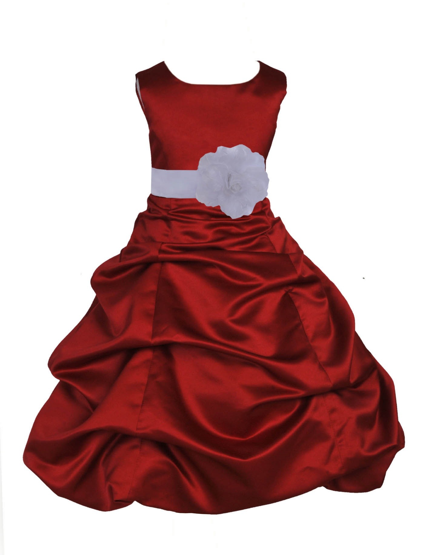 Apple Red/White Satin Pick-Up Bubble Flower Girl Dress 808T