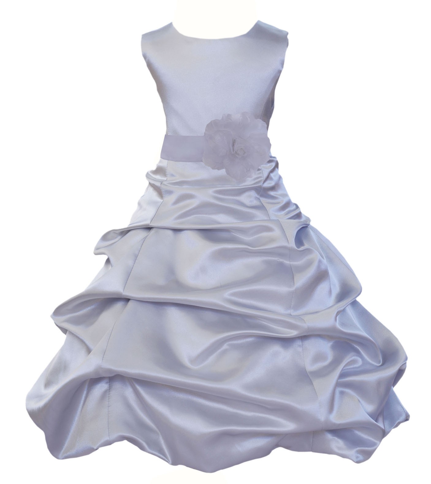 Silver/White Satin Pick-Up Bubble Flower Girl Dress Stylish 808T