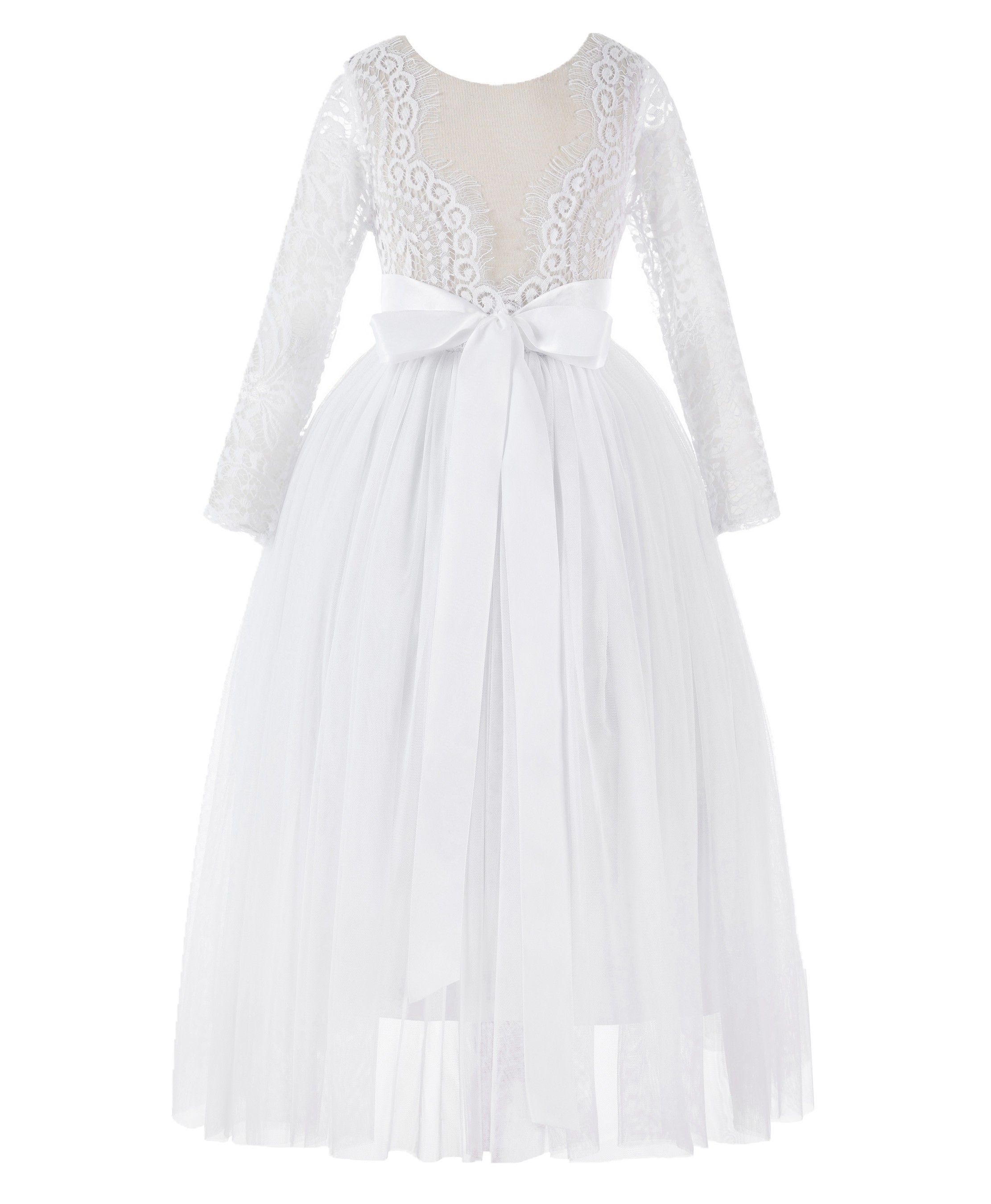 White A-Line V-Back Lace Flower Girl Dress with Sleeves 290R