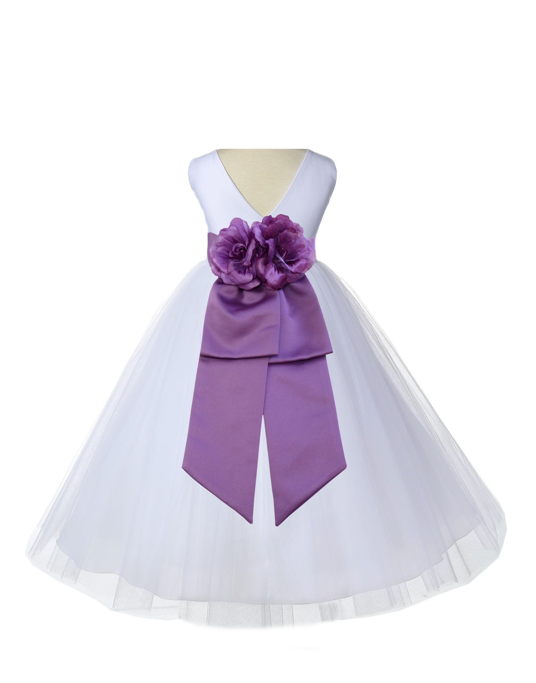 V-Neck Tulle White/Wisteria Flower Girl Dress Wedding Pageant 108