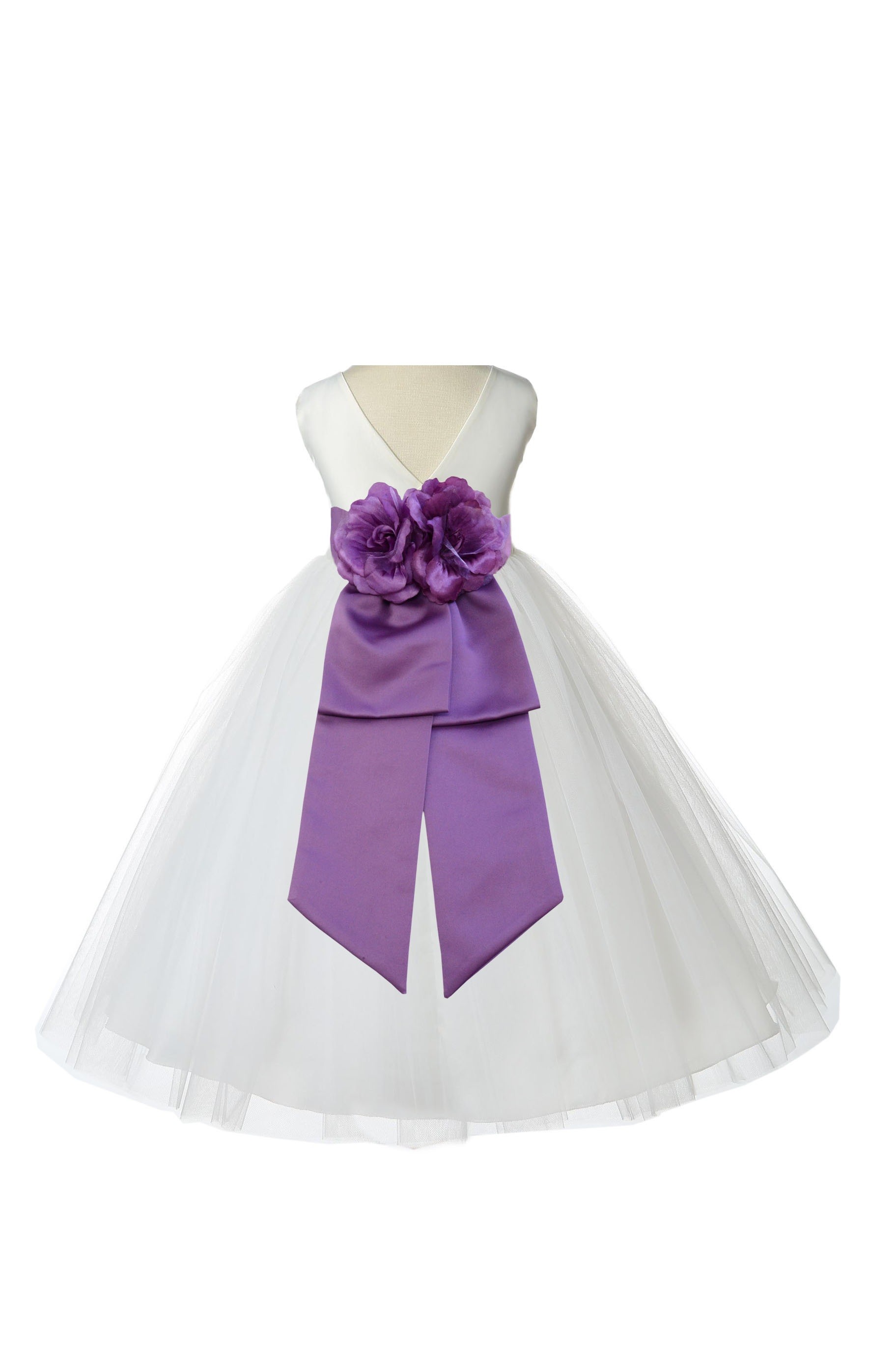 V-Neck Tulle Ivory/Wisteria Flower Girl Dress Wedding Pageant 108