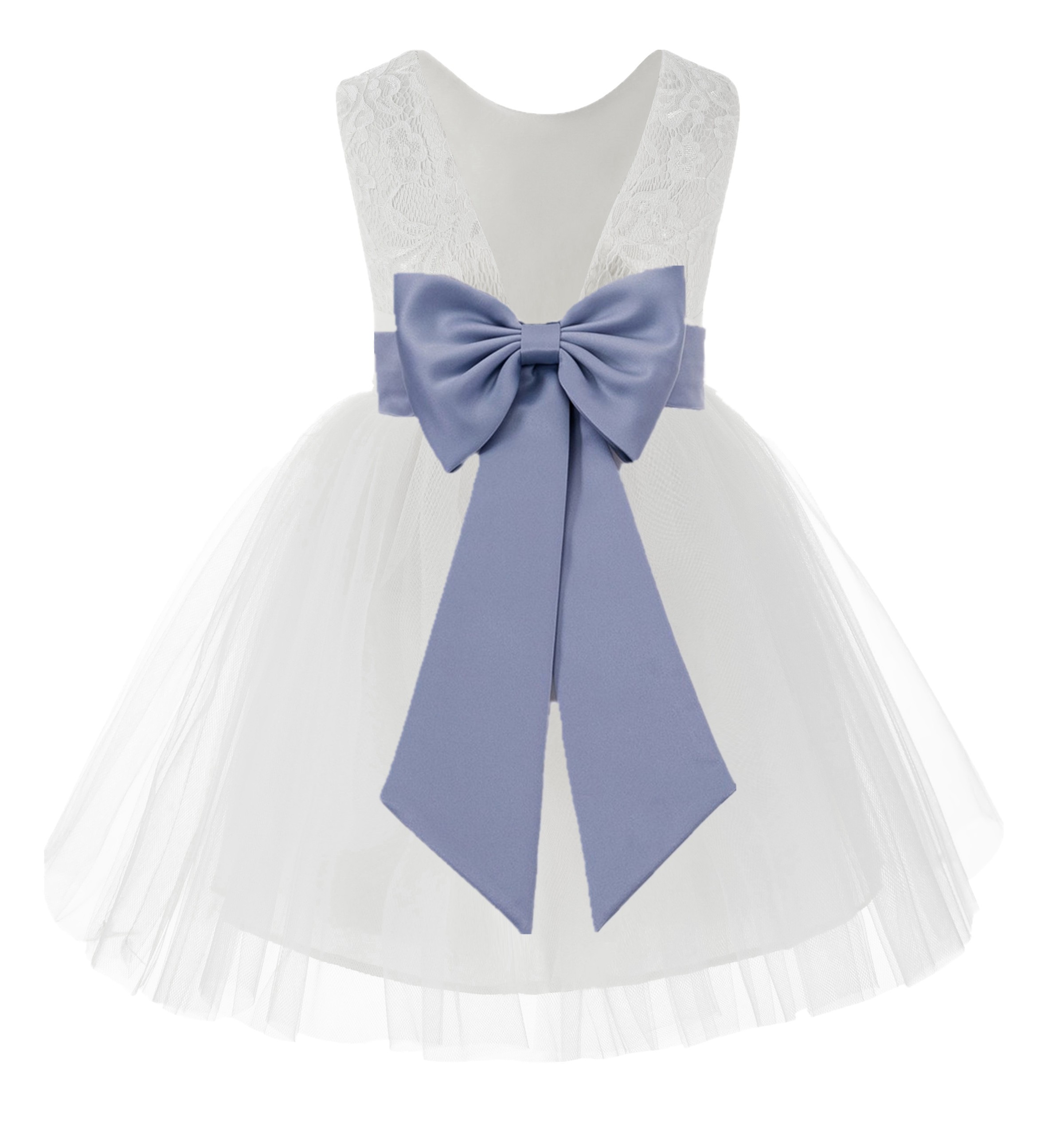 White / Dusty Blue Flower Backless Lace Flower Girl Dress V-Back 206T
