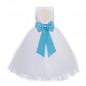 White / Turquoise Blue Floral Lace Heart Cutout Flower Girl Dress with Flower 172T