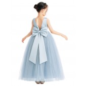 Dusty Blue V-Neck Satin Flower Girl Dress 522