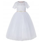White / Blush Pink Floral Lace Flower Girl Dress Baptism Dress LG2