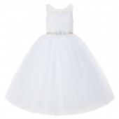 White / Blush Pink V-Back Lace Flower Girl Dress Lace Tutu Dress 212R5thin