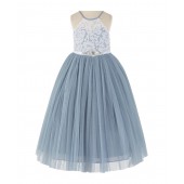 Dusty Blue / White Lace Halter Flower Girl Dress Lace Back Dress 213