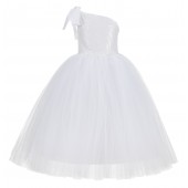 White One-Shoulder Sequins Tutu Flower Girl Dress 182