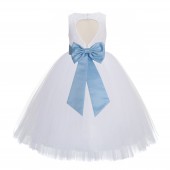White / Light Blue Floral Lace Heart Cutout Flower Girl Dress with Flower 172T
