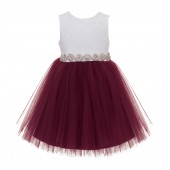 Burgundy / White Backless Lace Flower Girl Dress V-Back 206R2