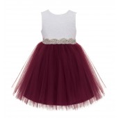 Burgundy / Ivory Backless Lace Flower Girl Dress Rhinestone 206R4