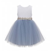 Dusty Blue / Ivory Backless Lace Flower Girl Dress V-Back 206R2