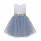 Dusty Blue / Ivory Backless Lace Flower Girl Dress Rhinestone 206R4