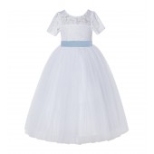 White / Dusty Blue Floral Lace Flower Girl Dress with Sleeves LG2