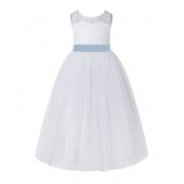 White / Dusty Blue Tulle A-Line Lace Flower Girl Dress 178