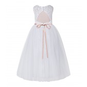 White / Blush Pink Tulle A-Line Lace Flower Girl Dress 178R1