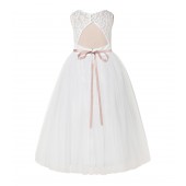 Ivory / Blush Pink Tulle A-Line Lace Flower Girl Dress 178R1