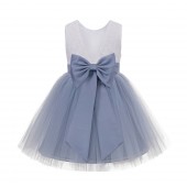 Dusty Blue Backless Lace Flower Girl Dress V-Back 206T