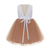 Rose Gold / White Backless Lace Flower Girl Dress V-Back 206R2