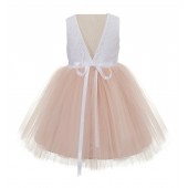 Blush Pink / White Backless Lace Flower Girl Dress V-Back 206R2