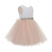 Blush Pink / Ivory Backless Lace Flower Girl Dress Rhinestone 206R4