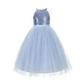 Dusty Blue Sequin Halter Flower Girl Dress 202