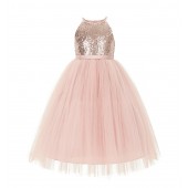 Rose Gold / Blush Pink Sequin Halter Flower Girl Dress 202
