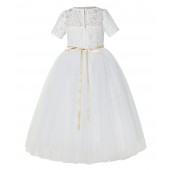 Ivory / Champagne Floral Lace Flower Girl Dress Communion Dress LG2