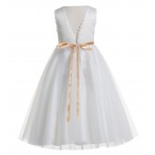 Ivory / Rose Gold V-Back Lace Edge Flower Girl Dress 183