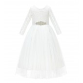Ivory A-Line V-Back Lace Flower Girl Dress with Sleeves 290R3