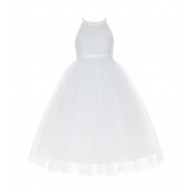 White Sequin Halter Flower Girl Dress 202