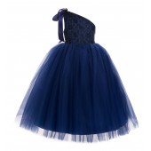 Navy Blue One-Shoulder Lace Tutu Flower Girl Dress 182Lace