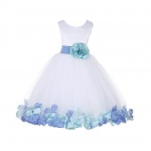 White/Cornflower-Ice Blue Tulle Mixed Rose Petals Flower Girl Dress 302T
