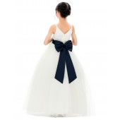 Ivory / Marine Blue V-Neck Ivory Tulle Flower Girl Dress with Tiebow 218A